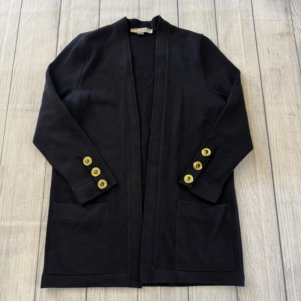 St John Separates Size P Long Open Front Cardigan Black Knit Jacket Logo Buttons